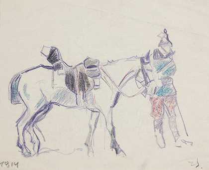 带马的德国秃鹫`Ułan niemiecki z koniem (1914) by Ivan Ivanec