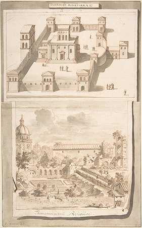 诺维蒂安温泉的重建图（上图）和废墟景观（下图）`A Reconstruction of the Thermae of Novitian (above) and a View of the Ruins (below) (before 1704) by Jan Goeree