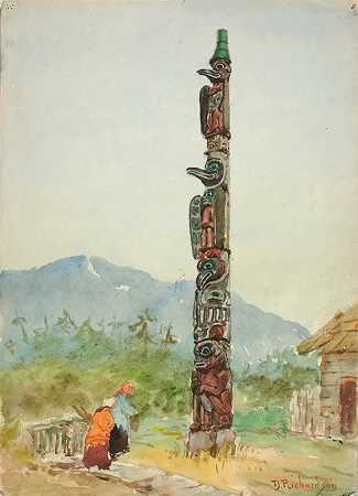 乌鸦图腾柱`The Raven Totem Pole (ca. 1880~1914) by Theodore J. Richardson