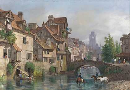 鲁昂景观`View Of Rouen (1831) by Giuseppe Canella