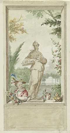 为大厅设计嗅觉的雕像，旁边是一个带着鲜花的女人和孩子`Ontwerp voor een zaalstuk; standbeeld van zintuig Reuk, daarnaast een vrouw en kind met bloemen (1715 ~ 1798) by Dionys van Nijmegen