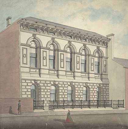 五跨两层石板建筑的透视立面图（左起）`Perspective elevation, from left, of stonefaced building of five bays and two stories (1866) by J. B. Marsh