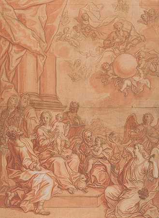 圣母与圣徒与天使同在，上帝与天父同在`The Virgin and Child with Saints and Angels, and God the Father in the Sky (mid~18th century) by Johann Lorenz Haid