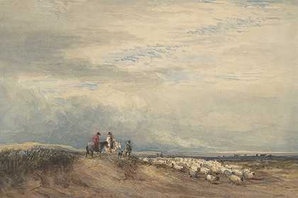 在河口附近带着羊的骑手`Riders with Sheep near an Estuary (1830) by David Cox