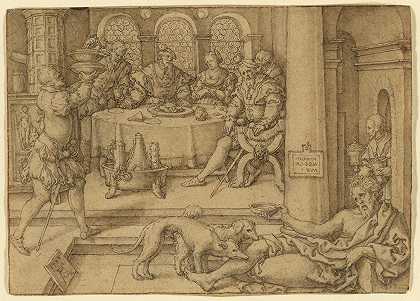 拉撒路向潜水者乞讨面包屑s桌`Lazarus Begging for Crumbs from Divess Table (1552) by Heinrich Aldegrever
