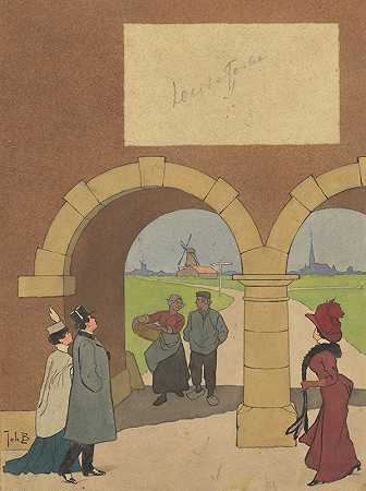 带步行器的传送带设计`Bandontwerp met wandelaars bij een poortgebouw (1868 ~ 1940) by Johan Braakensiek
