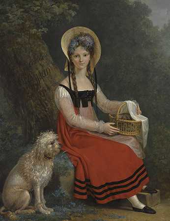 一位年轻女士的画像，她的狗珍坐在树下`Portrait Of A Young Lady with Her Dog Jean Seated Under A Tree by Swiss School