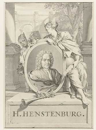 赫尔曼·亨斯滕伯格的椭圆形肖像由女性人物和putto持有`Portret van Herman Henstenburgh in ovaal vastgehouden door vrouwenfiguur en putto (1683 ~ 1746) by Nicolaas Verkolje