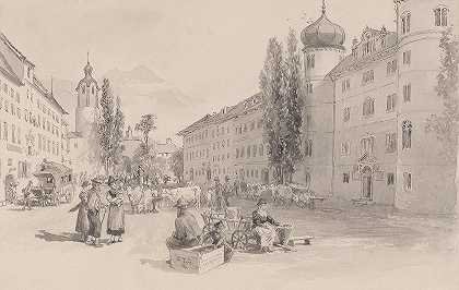 利恩兹的主广场`Hauptplatz in Lienz by Edward Theodore Compton