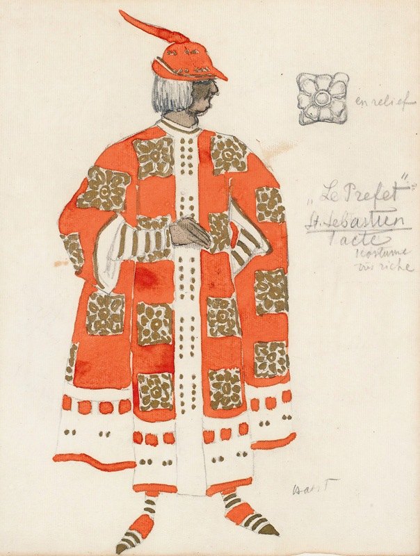 圣塞巴斯蒂安殉难第一幕服装设计`Costume Design For Act I Of The Martyrdom Of St. Sebastian by Léon Bakst