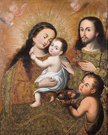 圣约翰和金翅雀的神圣家庭`Holy Family with Saint John and a Goldfinch (ca. 1730 ~ ca. 1760) by Cusco School