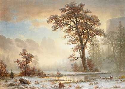 约塞米蒂山谷今年第一场降雪`Valley of the Yosemite~First Snowfall of the Year (About 1863) by Albert Bierstadt