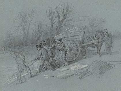 工人们在水里收集冰块s边`Workmen Gathering Ice at the Waters Edge (c. 1850) by Hippolyte Lalaisse