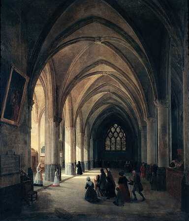 屋内景观圣贝诺教堂南中堂。`Vue intérieure de léglise Saint~Benoît~le~Bestouné; la nef méridionale. (1838) by Louis Courtin