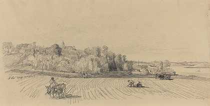 在田野里和工人一起工作`LIle aux Moines with Workers in a Field (c. 1858) by Eugène Boudin