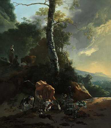 愤怒的公牛`Landscape with enraged ox by Adam Pynacker