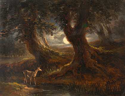 月光下的森林部分`Waldpartie bei Mondlicht (ca. 1820–1830) by Joseph Mössmer