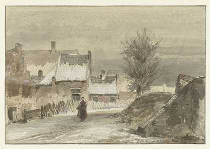 冬天的脸，女人站在冰上`Wintergezicht met vrouw staand op het ijs (1829 ~ 1866) by Johannes Franciscus Hoppenbrouwers