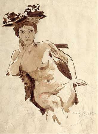戴帽子的半裸女性`Female Semi~Nude with Hat (circa 1910) by Lovis Corinth