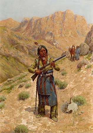 拿着步枪的印第安人`Plains Indian with Rifle (1909) by John Hauser