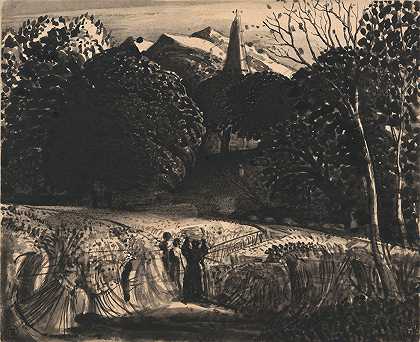 玉米地和教堂`Cornfield and Church by Moonlight (early 1830s) by Moonlight by Samuel Palmer