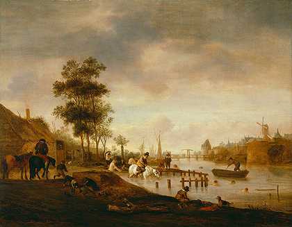 游泳者的河流景观`River Landscape With Swimmers (1644) by Isaac van Ostade