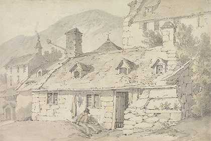 山景中的石头小屋，前景中有一个人物`Stone Cottages in a Mountainous Landscape with a Figure in the Foreground by William Alexander