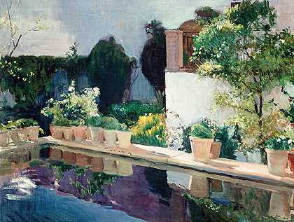 池塘宫殿，塞维利亚皇家花园`Palace of Pond, Royal Gardens in Seville (1910) by Joaquín Sorolla