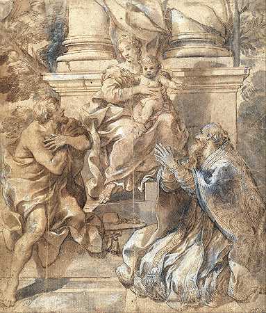 麦当娜和孩子，浸礼会圣约翰和教皇斯蒂芬`Madonna and Child, Saint John the Baptist and Pope Stephen (1626) by Pietro da Cortona