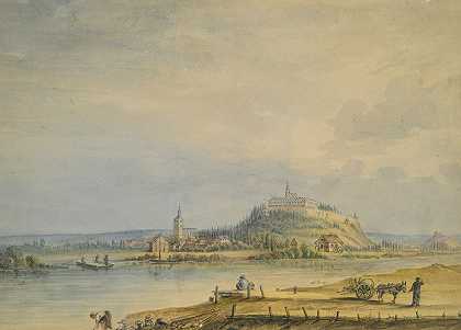 小城、山上城堡和劳动农民的河景`River Scene with Town, Castle on Hill and Laboring Peasants (19th century)