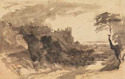 浪漫的风景，右边有一座城堡和一棵树`Romatic Landscape with a Castle and a Tree on the Right by John Varley