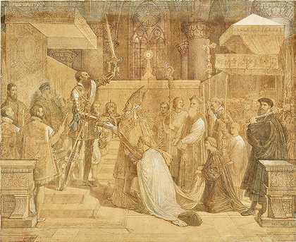 阿尔巴公爵接见教皇在布鲁塞尔圣古杜勒大教堂举行的祈祷`The Duke of Alba Receiving the Popes Blessing in the Cathedral of Sainte~Gudule, Brussels (1815) by Jean Auguste Dominique Ingres