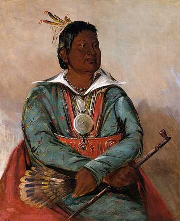 MóSho-La-Túb-Bee是部落的首领，他扑灭并杀死了敌人`Mó~Sho~La~Túb~Bee, He Who Puts Out And Kills, Chief of The Tribe (1834) by George Catlin