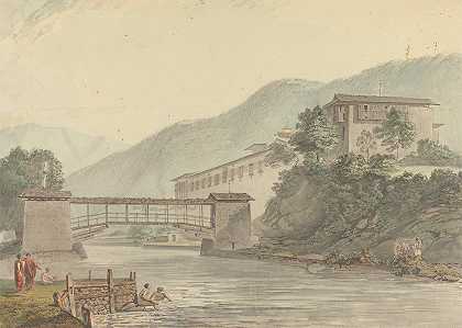 不丹Tashichoedzong和步行桥景观`View of Tashichoedzong, Bhutan and Foot Bridge by Samuel Davis