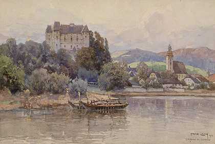 格雷安·德多瑙的风景`Blick auf Grein an der Donau (1916) by Fritz Lach