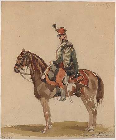 骑着马的奥地利轻骑兵`Austrian Hussar on a bay horse (1822) by Piotr Michałowski