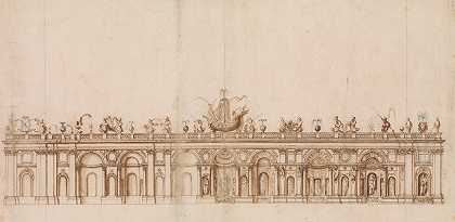 在弗拉斯卡蒂的阿尔多布兰迪尼别墅设计喷泉。`Design after a Fountain in the Villa Aldobrandini at Frascati. (1590–1600) by Giovanni Guerra