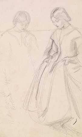 女性——一个女孩拿着裙子的素描`Female – Sketches of a Girl holding her Skirt (1856) by Sir John Everett Millais