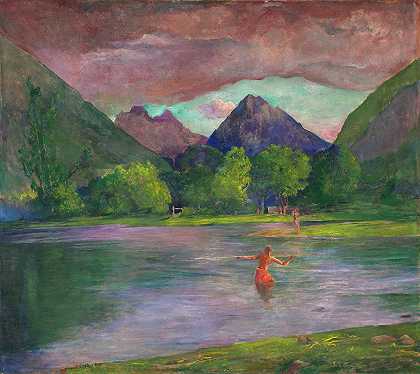 塔希提岛陶提拉河的入口。渔夫叉鱼`The Entrance to the Tautira River,Tahiti. Fisherman Spearing a Fish (c. 1895) by John La Farge