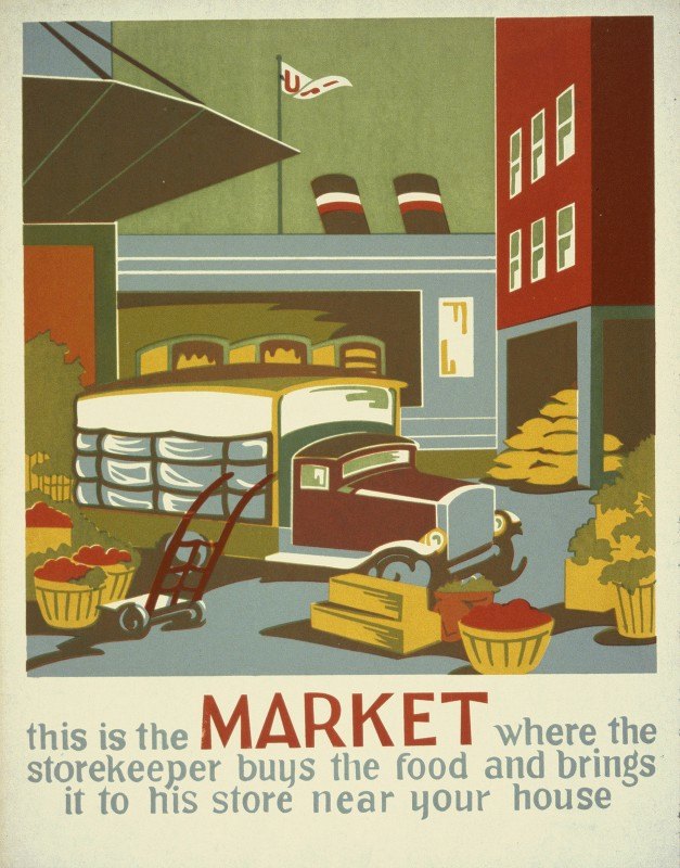这是一个市场，店主在那里购买食物，并将其带到你家附近的商店`This is the market where the storekeeper buys the food and brings it to his store near your house (1937)
