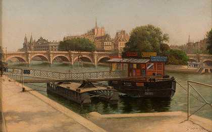 从卢浮宫码头看九桥`Le Pont~Neuf vu du quai du Louvre (1900) by Julien Hippolyte Féron