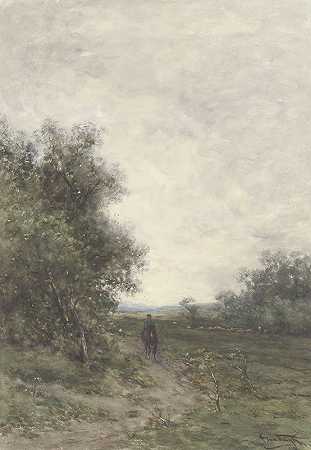 一个骑手和一群牧羊人的风景`Landschap met een ruiter en een kudde schapen met herder (1856 ~ 1894) by Jan Vrolijk