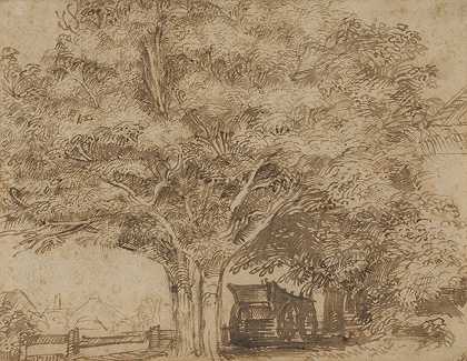树下的干草人，右边是农场建筑，左边是农场建筑`A haywain under trees, with farm buildings to the right and beyond at left by Jan Lievens