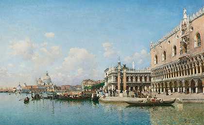 多格宫和圣玛丽亚德拉敬礼`The Doge’S Palace And Santa Maria Della Salute (1898) by Federico del Campo