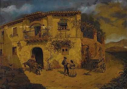 格拉纳达街上驴和鸡的场景`Granada Street Scene with Donkey and Chickens (circa 1880s) by Juan Dios Del Valle