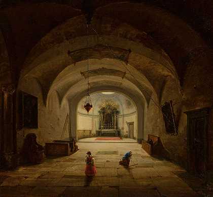 地下小教堂的屋内`Interior of the subterranean chapel (1836) by Marcin Zaleski