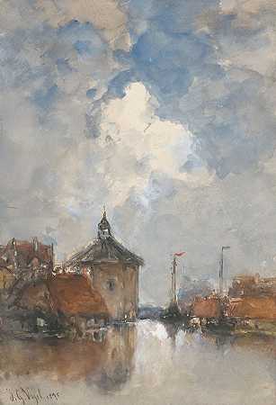 海景，船和一座圆塔`Havengezicht met schepen en een ronde toren (1895) by Johannes Gijsbert Vogel
