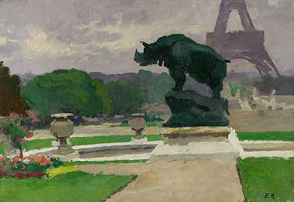 带雅克马特犀牛的特罗卡德罗花园`Jardin du Trocadéro avec le Rhinocéros de Jacquemart (1922) by Ernest Jules Renoux
