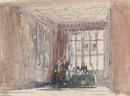都铎风格的人物房间`A Tudor Room with Figures (mid to late 1830s) by David Cox