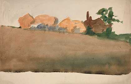 远处有房屋的景观`Landscape with houses in distance by Edwin Austin Abbey